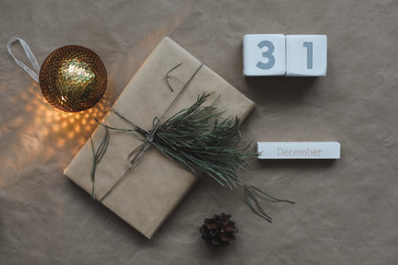 Christmas composition. New Year festive background with spruce branches and adecorations. New years date. Flat lay, top viewの写真素材