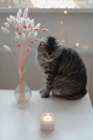 pets, christmas and hygge concept - tabby cat by garland lights at home. Cozy home atmosphere. Lazy winter weekendの写真素材