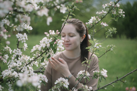 Beautiful young woman near blooming spring tree. Youth, love, fashion, romantic and lifestyle...