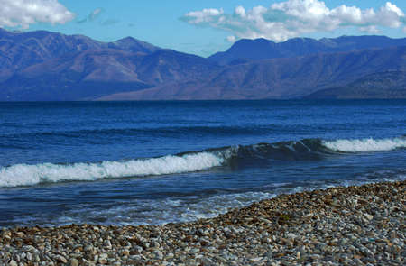 View to mountains in Albania from Corfu island, Greeceの写真素材