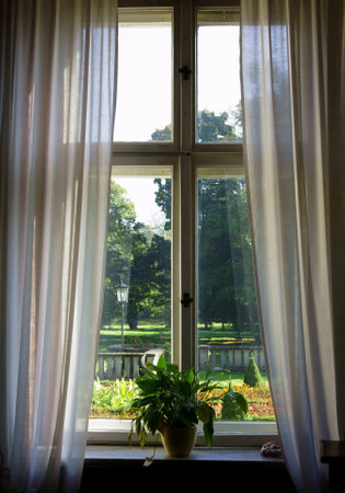 window with white curtain in palace, Polandのeditorial素材