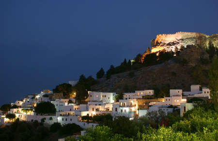 castle  on the hill by night, Lindos, Greeceの写真素材