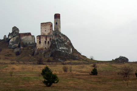 Ruined medieval castle with tower in Olsztyn, Polandのeditorial素材
