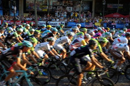 Paris,France, July 21nd 2013:  Le Tour de France 2013. The peloton riding  on Avenue des Champs Elysees in Paris.のeditorial素材