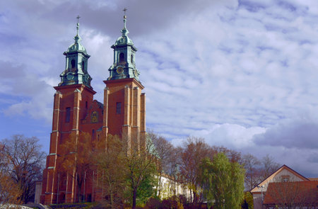Towers of cathedral church in Gniezno, Polandの写真素材
