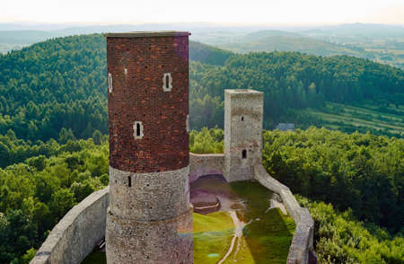 Ruined medieval castle with tower in Checiny, Polandの写真素材