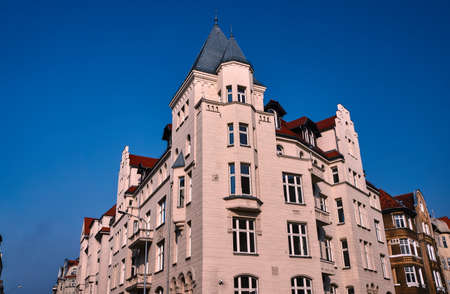 Turret and facade Art Nouveau building in Poznan