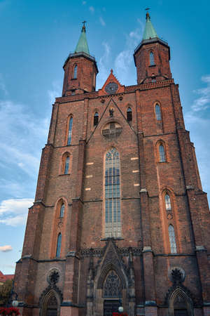 The facade of the Gothic evangelical church in Legnica in Polandの写真素材