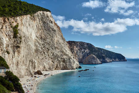 Beach and rocky cliff on the Greek island of Lefkadaの写真素材