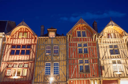 tenement houses in the old town of Troyes at night, Franceの写真素材