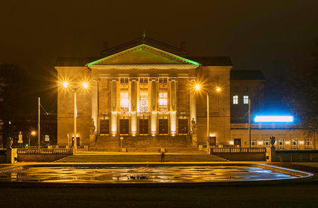 Illuminated portico of the building of opera theater in Poznanのeditorial素材