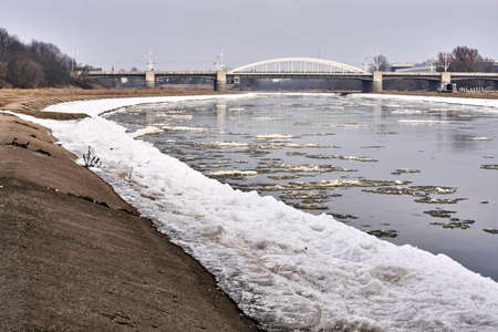 Ice on the river Warta in Poznanの写真素材