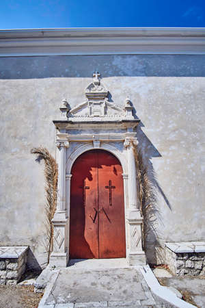 Entrance to the Orthodox church on the island of Lefkada in Greeceの写真素材
