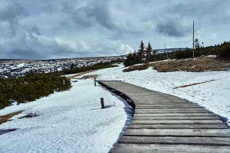Wooden bridge on a mountain trail in the Giant Mountainsの写真素材