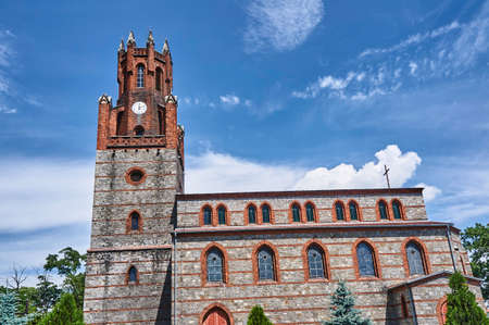Medieval, stone church witch clocktower in Lagiewniki