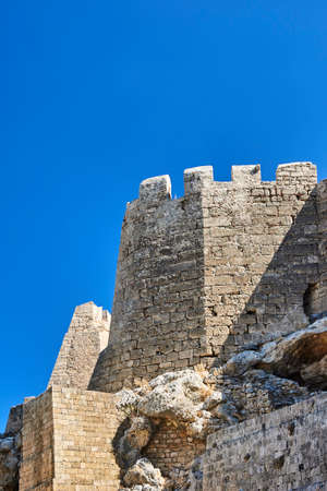 Medieval stone castle fortifications in the city of Lindosの写真素材