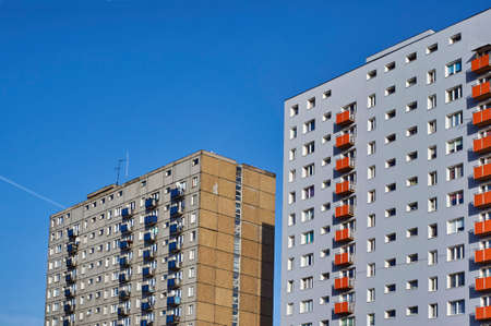 The facade of a residential high-rise building in Poznanの写真素材