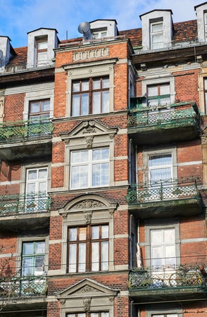Art Nouveau facade of the building in Poznanのeditorial素材