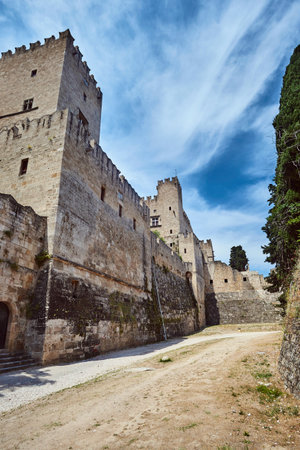 The moat and turrets of the medieval castle of the Joannite Order in the city of Rhodesのeditorial素材