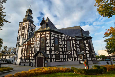 An historic, half-timbered building of a Protestant church in Milicz, Polandの写真素材