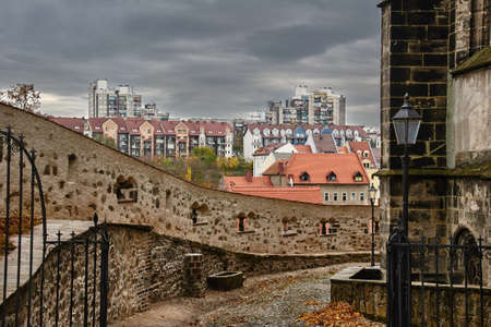 Medieval defensive walls and foundations of modern residential houses in Zgorzelec in Poland