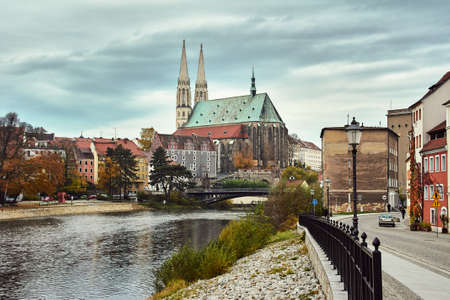 River Nysa, a cathedral house in the city of Gerlitz in Germanyの写真素材