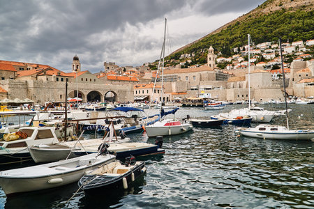 Yacht port and medieval buildings in the city of Dubrovnik in Croatiaのeditorial素材