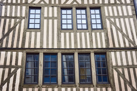 timber-framed building windows in Troyes, Franceの写真素材