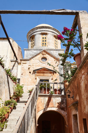 Portal and stairs of the Orthodox monastery on the island of Crete, Greeceのeditorial素材