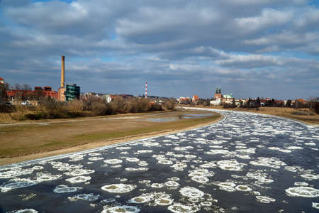 Ice on the river Warta in Poznanの写真素材