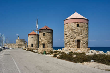stone build of a traditional Greek windmillの写真素材