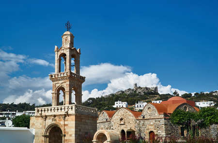 Bell Tower Orthodox Church and the ruins of Asklipio on the island of Rhodesの写真素材