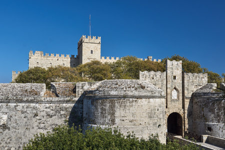 The gate of the medieval Castle of the Knights on the island of Rhodes