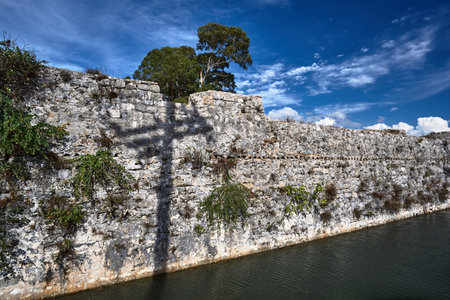 Moat and walls of the Venetian fortress of Agia Maura at the Greek island of Lefkadaのeditorial素材