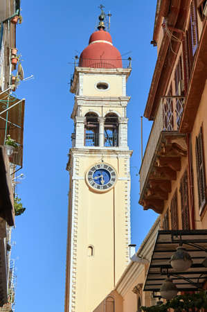 Tower of the church of Agios Spiridon in Corfu, Greeceの写真素材