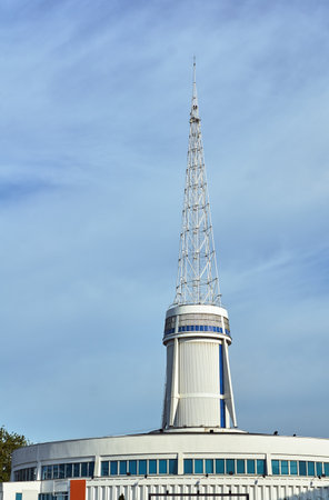 A market pavilion with a metal spire at the International Poznan Fair,のeditorial素材