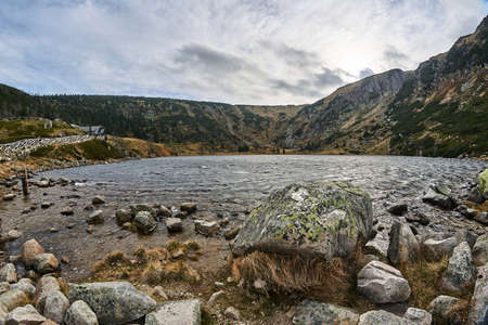 Glacial lake and mountain shelters in the Giant Mountains in Polandの写真素材