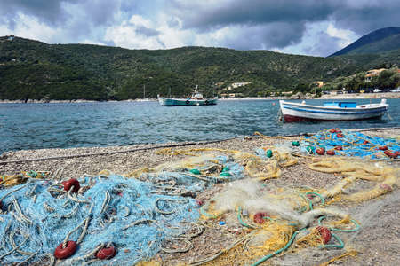 fishing nets in a harbor on the Greek island of Lefkadaの写真素材