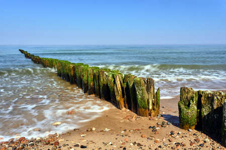 stone beach and wooden breakwaters on the Baltic coast in  Poland