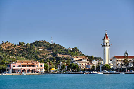 Port and belfry of the Orthodox Cathedral in the capital of Zakynthos island in Greece