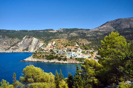 Peninsula with the city of Assos on the island of Kefalonia in Greeceの写真素材