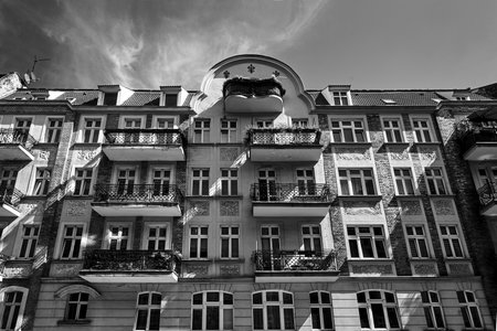 Facades with balconies of historic tenement houses in the city of Poznan, monochromeのeditorial素材
