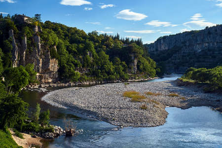 The rapid current of the Ardeche river in a rocky canyon in Franceの写真素材