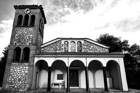 Belfry of the Orthodox church on the island of Lefkada in Greece, monochrome