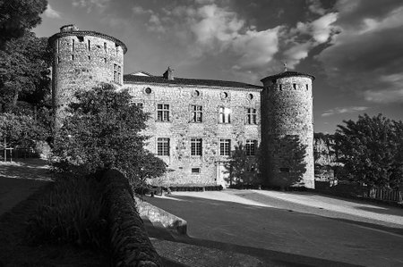 Stone, medieval castle in the town of Vogue in France, monochromeのeditorial素材