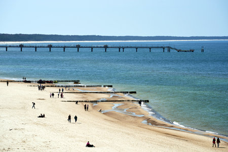 Wooden breakwaters and a concrete pier on a sandy beach on the island of Wolin, Poland