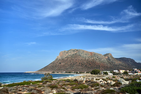 Sea, beach and mountains in the town of Stavros on the island of Crete, Greece