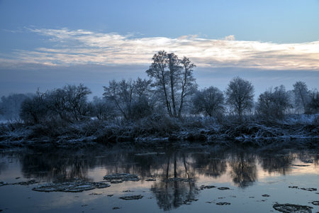 floes on the Warta River and snow-covered bushes and trees during winter evening, Poland
