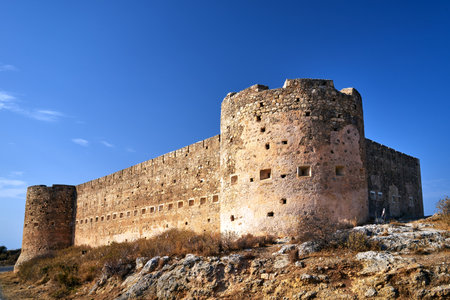 Stone walls of the Turkish castle of Aptera on the Greek island of Crete, Greece