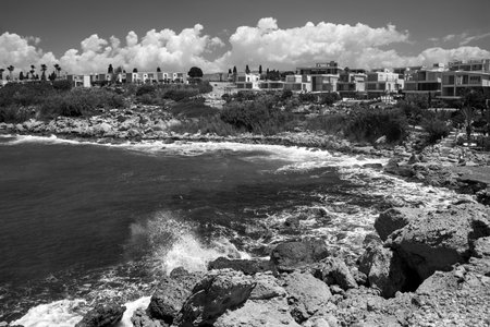 rocky coast of the Mediterranean Sea on the island of Cyprus, Cyprus, monochromeの写真素材